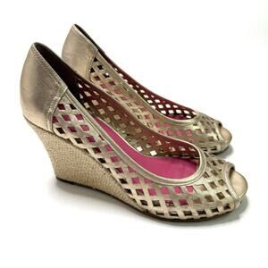 Lilly Pulitzer Resort Chic Gold Leather Basketweave Peep-Toe Wedges Sandals 7M